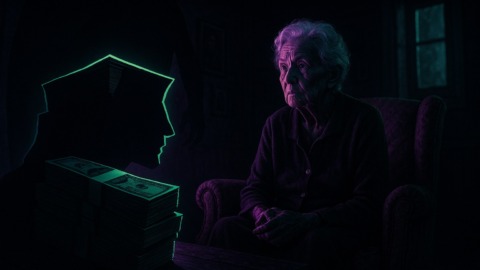 91-letnia kobieta w swoim domu otoczona cieniami i neonowymi światłami.