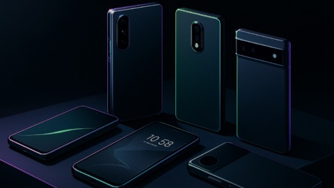 Ilustracja przedstawiająca najlepsze telefony z Androidem 2025 na ciemnym tle.