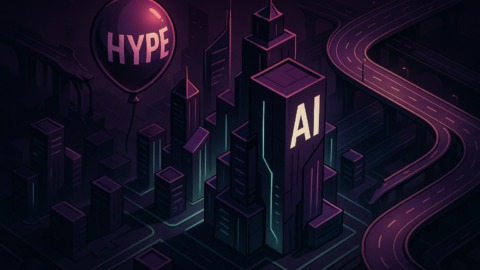 Futurystyczne miasto z neonowymi światłami i balonem symbolizującym hype technologii AI.