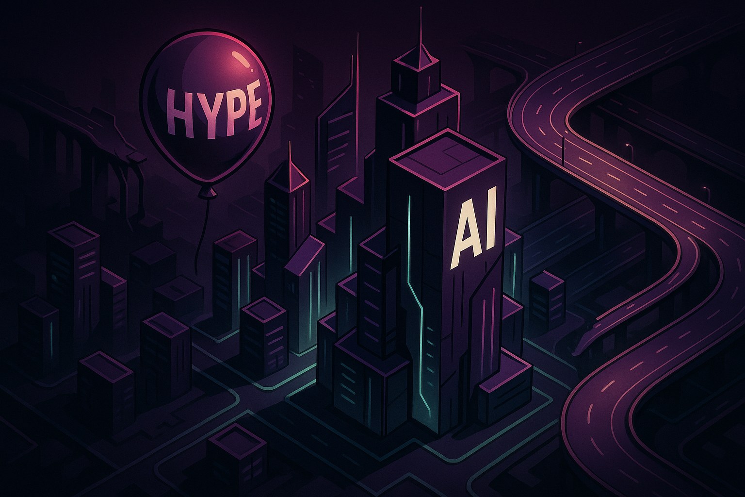 Futurystyczne miasto z neonowymi światłami i balonem symbolizującym hype technologii AI.