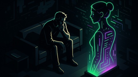 Osoba w nowoczesnym salonie z holograficznym AI, wyrażająca emocje w relacji.