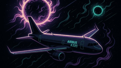 Samolot Airbus A320 w kosmicznej scenerii z zagrożeniem słonecznym.