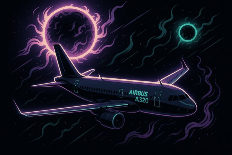 Samolot Airbus A320 w kosmicznej scenerii z zagrożeniem słonecznym.