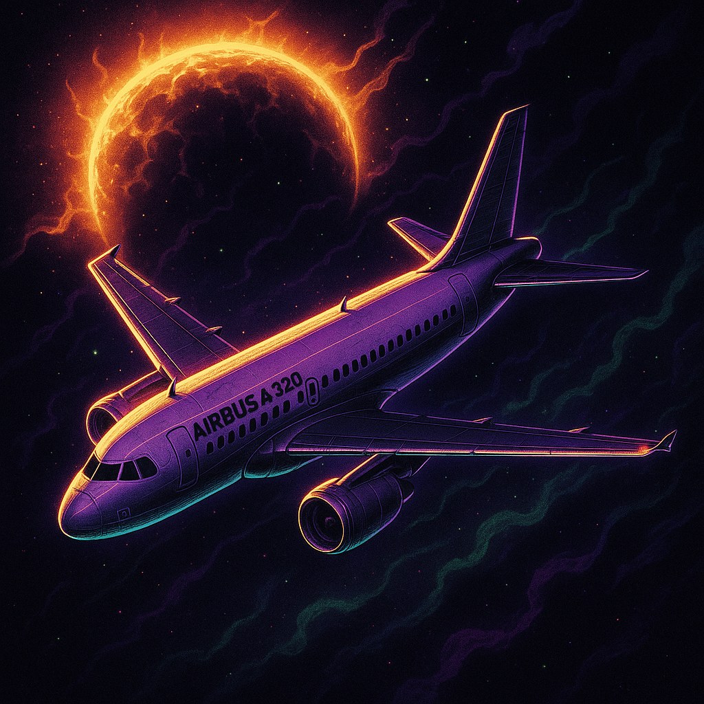 Samolot Airbus A320 w kosmicznym otoczeniu z dramatycznym słońcem w tle.