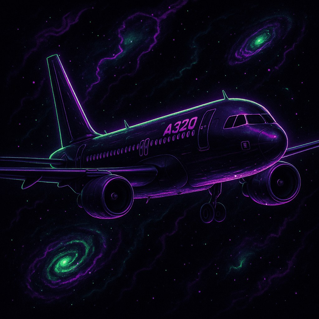 Ilustracja A320 w kosmicznym krajobrazie z neonowymi kolorami.