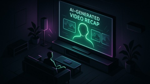 Futurystyczny pokój z ekranem pokazującym podsumowania wideo, w ciemnej kolorystyce.