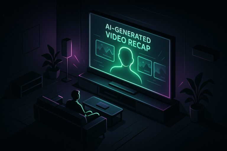 Futurystyczny pokój z ekranem pokazującym podsumowania wideo, w ciemnej kolorystyce.