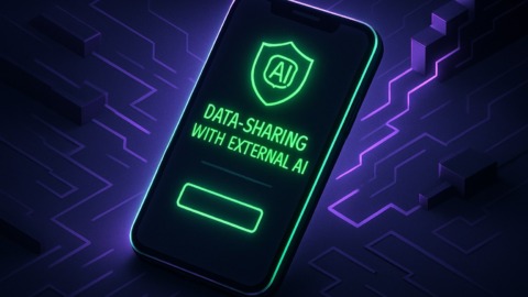 Ilustracja przedstawiająca smartfon z powiadomieniem o udostępnianiu danych AI.