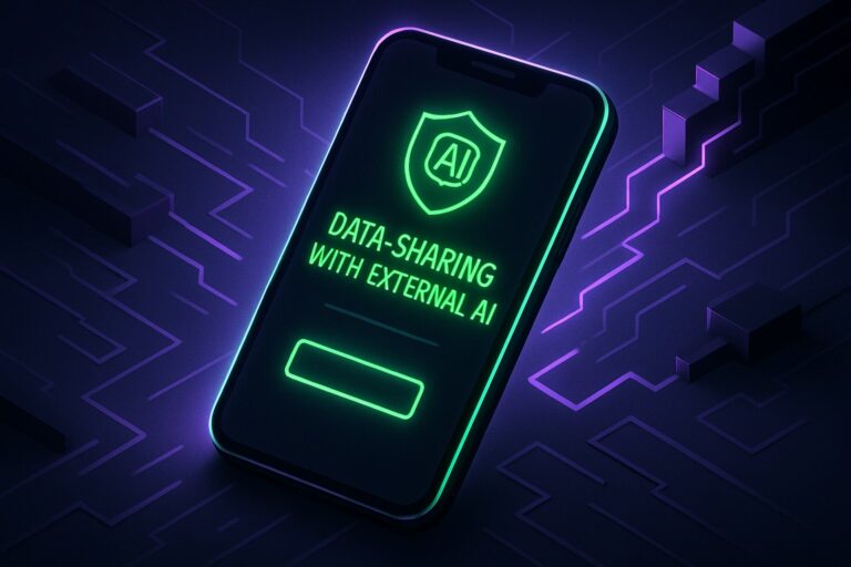 Ilustracja przedstawiająca smartfon z powiadomieniem o udostępnianiu danych AI.