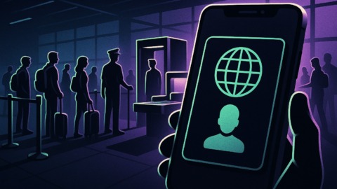 Ilustracja przedstawiająca cyfrowy paszport w aplikacji portfela na tle punktu kontroli lotniskowej.