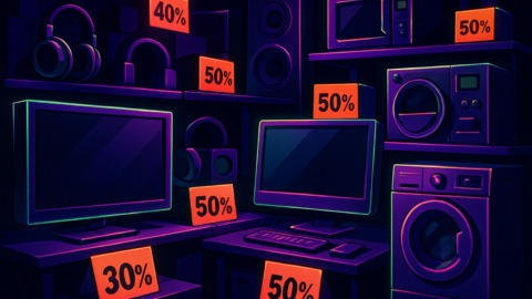 Ilustracja przedstawiająca sklep z elektroniką w czasie promocji przed Black Friday.