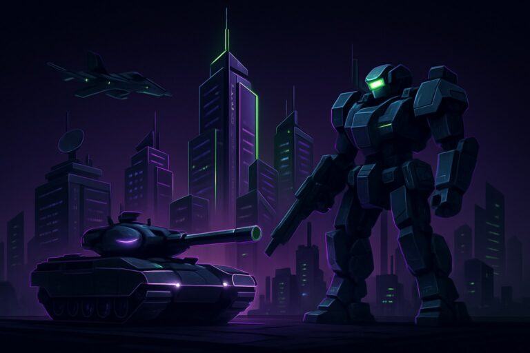 Futurystyczna ilustracja miasta z technologią wojskową w neonowych kolorach.