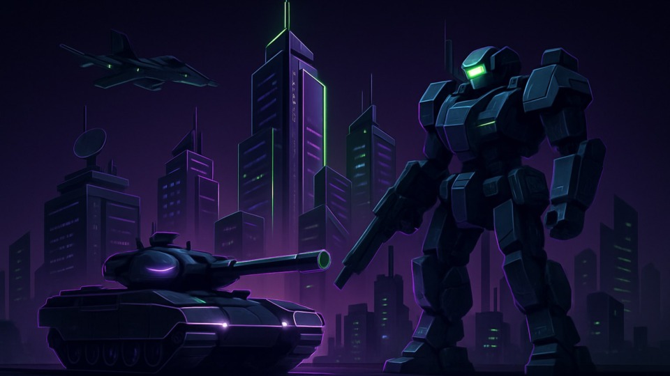 Futurystyczna ilustracja miasta z technologią wojskową w neonowych kolorach.