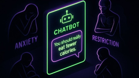 Ilustracja przedstawiająca chatbot z niezdrowymi poradami dietetycznymi w ciemnej scenerii.