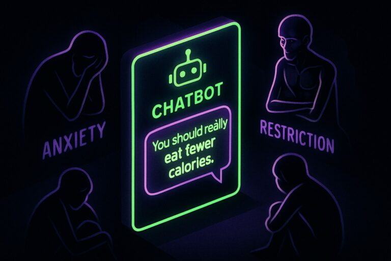 Ilustracja przedstawiająca chatbot z niezdrowymi poradami dietetycznymi w ciemnej scenerii.