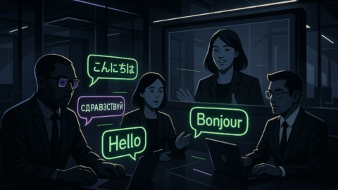 Ilustracja przedstawiająca wideokonferencję z holograficznymi tłumaczeniami w neonowych kolorach.