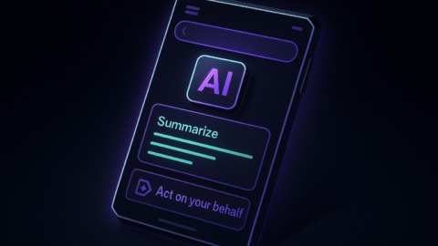 Ilustracja mobilnej przeglądarki z elementami AI na ciemnym tle.