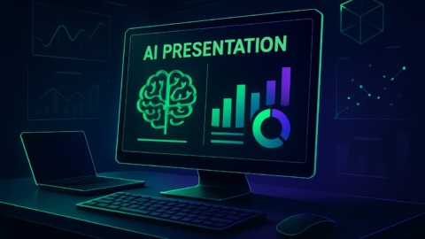 Futurystyczne biuro z narzędziem AI do tworzenia prezentacji w neonowych kolorach.