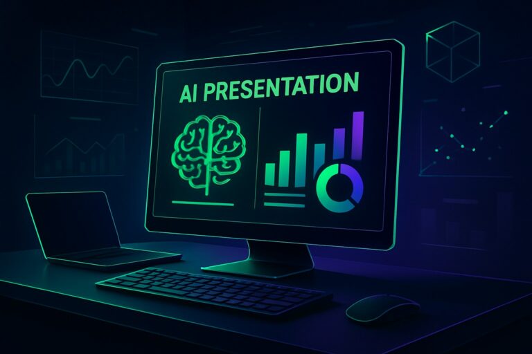 Futurystyczne biuro z narzędziem AI do tworzenia prezentacji w neonowych kolorach.