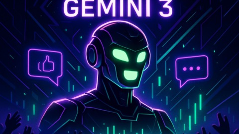 Ilustracja przedstawiająca debiut Gemini 3 jako futurystycznej jednostki AI w wysokim kontraście.