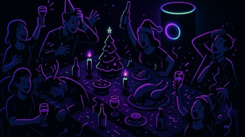 Ilustracja przedstawiająca świąteczne przyjęcie z gośćmi i asystentem AI.