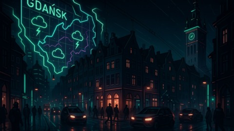 Futurystyczny widok Gdańska w stylu 2.5D z interaktywną mapą i warstwą pogodową.