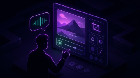 Futurystyczny interfejs edycji zdjęć w ciemnej estetyce z neonowymi akcentami.