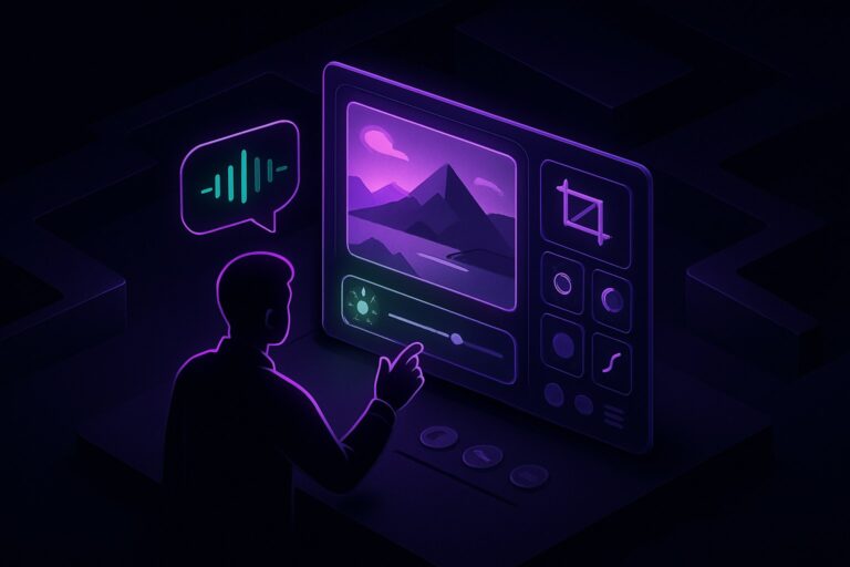 Futurystyczny interfejs edycji zdjęć w ciemnej estetyce z neonowymi akcentami.