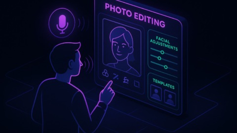 Ilustracja przedstawiająca interfejs aplikacji do edycji zdjęć z funkcjami AI.