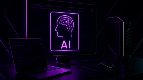 Futurystyczne biuro z interfejsem AI w ciemnej estetyce z neonowymi akcentami.