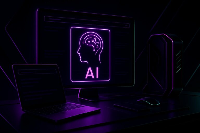 Futurystyczne biuro z interfejsem AI w ciemnej estetyce z neonowymi akcentami.