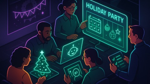 Ilustracja przedstawiająca nowoczesne planowanie przyjęcia świątecznego z użyciem AI.