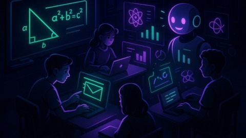 Futurystyczna klasa z uczniami korzystającymi z technologii AI w edukacji.