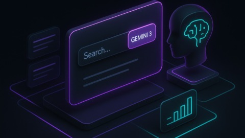 Futurystyczna scena interfejsu wyszukiwarki z elementami AI w neonowych kolorach.