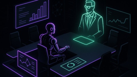 Futurystyczna sala konferencyjna z robotem i wirtualnym CTO w stylu 2.5D.