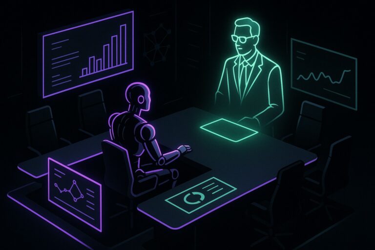 Futurystyczna sala konferencyjna z robotem i wirtualnym CTO w stylu 2.5D.