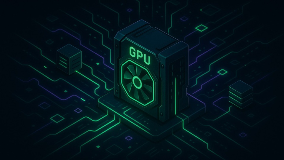 Ilustracja przedstawiająca nowoczesną architekturę GPU w futurystycznym stylu.