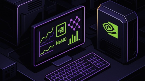 Ilustracja przedstawiająca futurystyczne biuro z zaawansowanym sprzętem komputerowym.