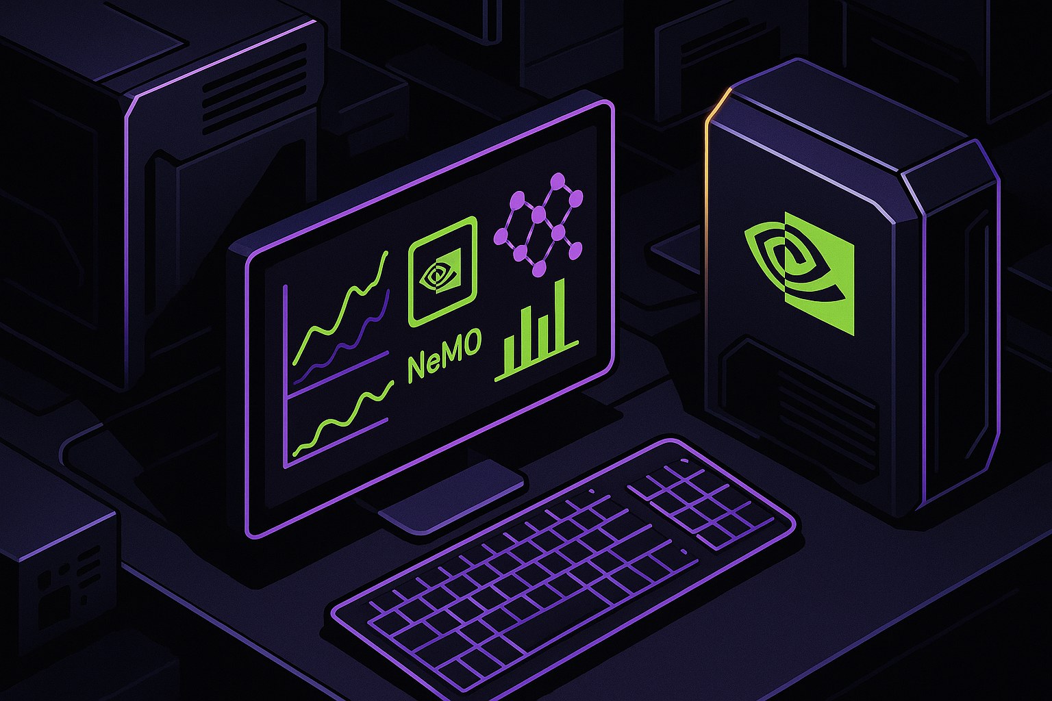 Ilustracja przedstawiająca futurystyczne biuro z zaawansowanym sprzętem komputerowym.