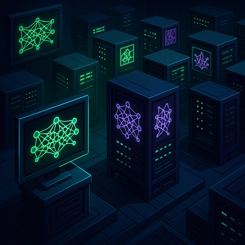 Futurystyczne centrum danych z serwerami i neonowymi wzorami w ciemnym otoczeniu.