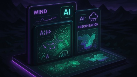 Ilustracja przedstawiająca nowoczesną prognozę pogody z lokalnymi mapami wiatru i opadów.