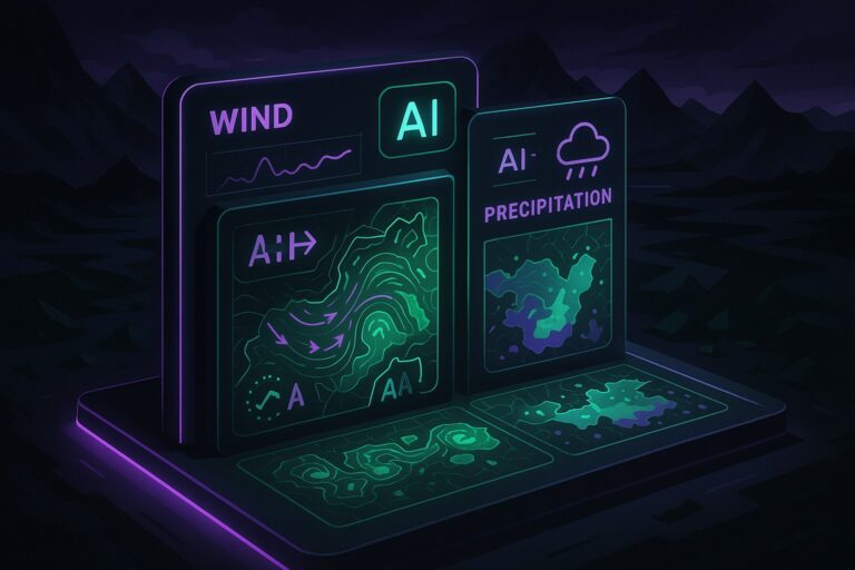 Ilustracja przedstawiająca nowoczesną prognozę pogody z lokalnymi mapami wiatru i opadów.