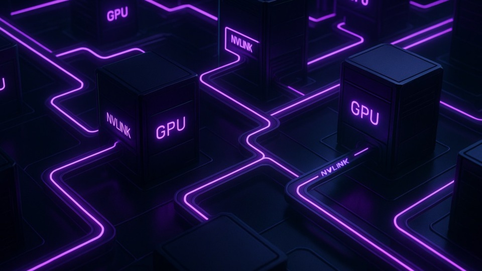 Futurystyczna scena centrum danych z połączonymi serwerami GPU w stylu 2.5D.