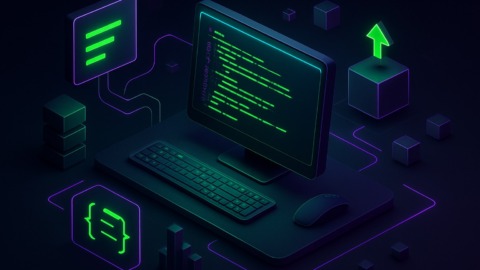 Futurystyczne środowisko kodowania z komputerem i abstrakcyjnymi kształtami w neonowych kolorach.