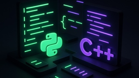 Futurystyczne środowisko kodowania w stylu 2.5D z elementami Pythona i C++.