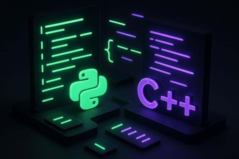 Futurystyczne środowisko kodowania w stylu 2.5D z elementami Pythona i C++.