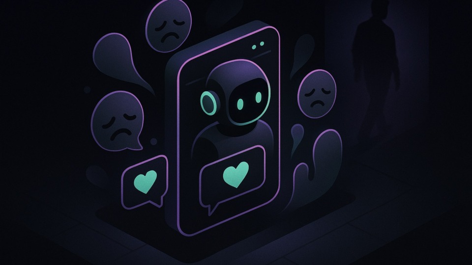 Ilustracja przedstawiająca chatbota emocjonalnego w ciemnym otoczeniu.