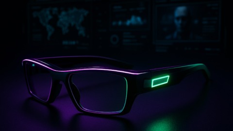 Futurystyczne okulary smart na ciemnym tle z neonowymi akcentami.