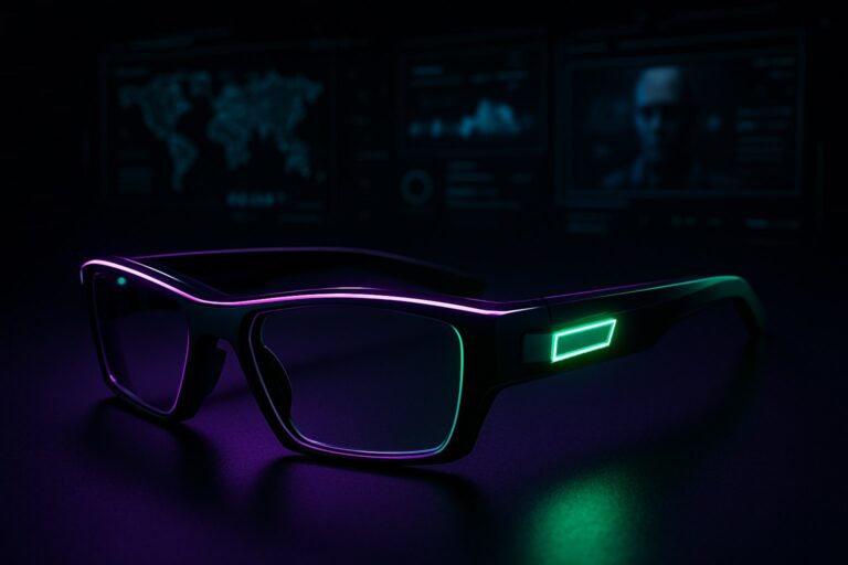 Futurystyczne okulary smart na ciemnym tle z neonowymi akcentami.