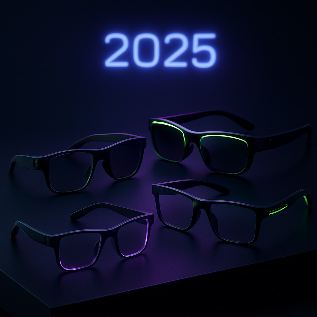 Futurystyczne okulary smart w różnych stylach na ciemnym tle.